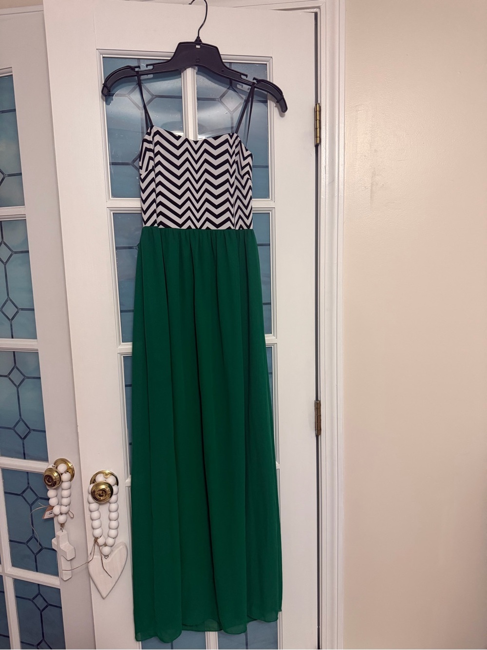 Black & White Chevron Bodice strapless Green Maxi Dress